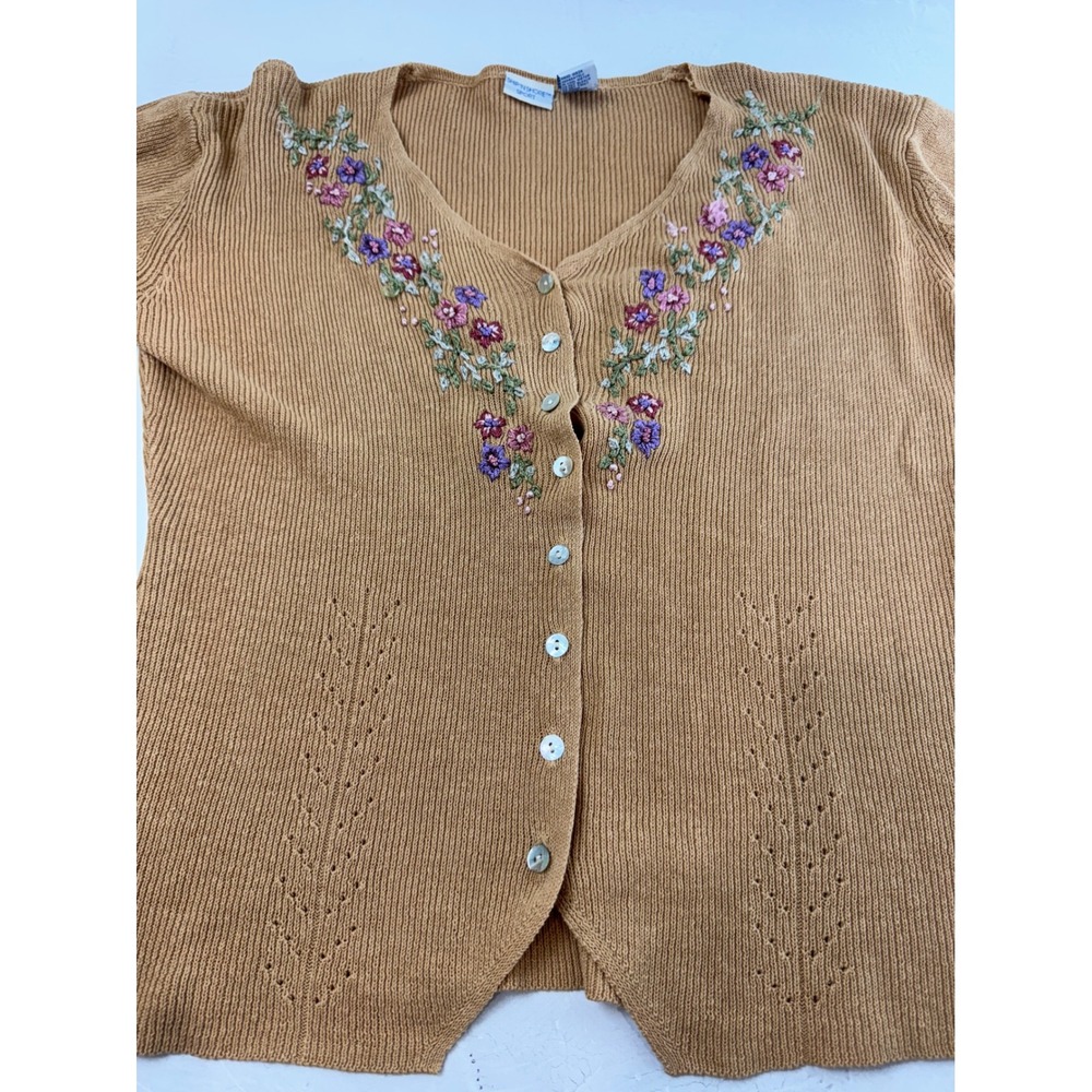 Floral Embroidered Cardigan Sweater Knit Top Short Sleeve S Preppy Grandma - Picture 11 of 12